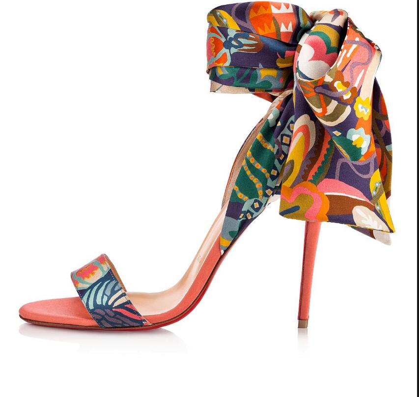 

Summer Women Wedding Dress High Heels Red Bottom Women Sandals,Luxury Name Design Red Soles Shoes Sandals Printed crepe satin, 19