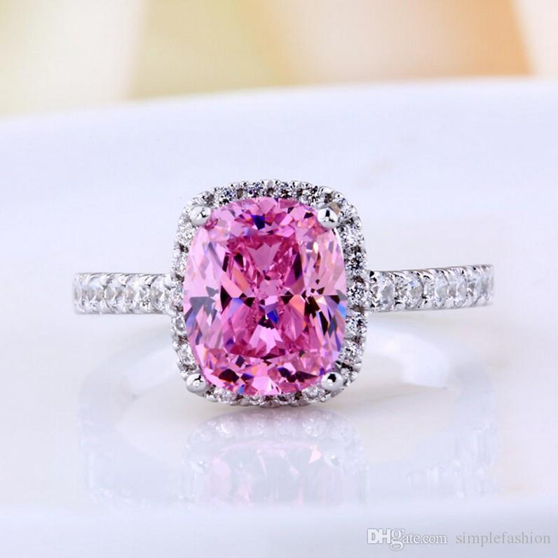 SVC-JEWELS 14k White Gold Plated 925 Sterling Silver Pink Sapphire Cluster Engagement Wedding Band Ring Mens