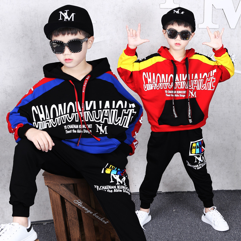 

New Children's Clothing Boy Autumn and Winter Sweater Sweatpants Suit Long-sleeved Hooded Jacket Trousers Hip-hop Clothes 2 Sets, Red