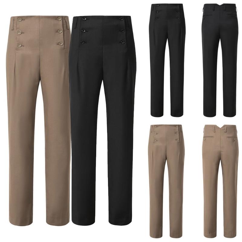 

Fashion Men Casual Work Muti-Button Pure Elastic Waist Straight Long Pants Trousers pantalones hombre #4, Black