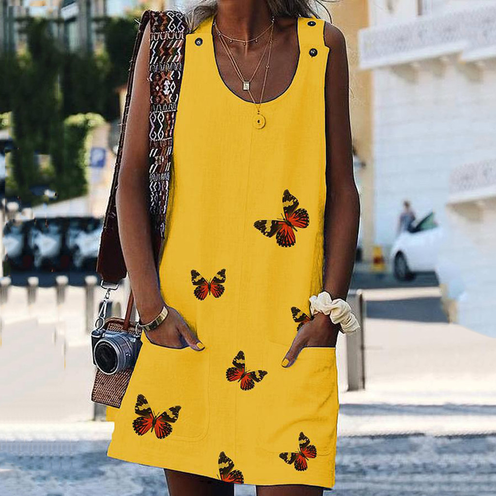 

Women O-Neck Sleeveless Shoulder Clasp Butterfly Print Cotton And Linen Dresses Casual Dress Summer Woman Plus Size knee Dresses, White