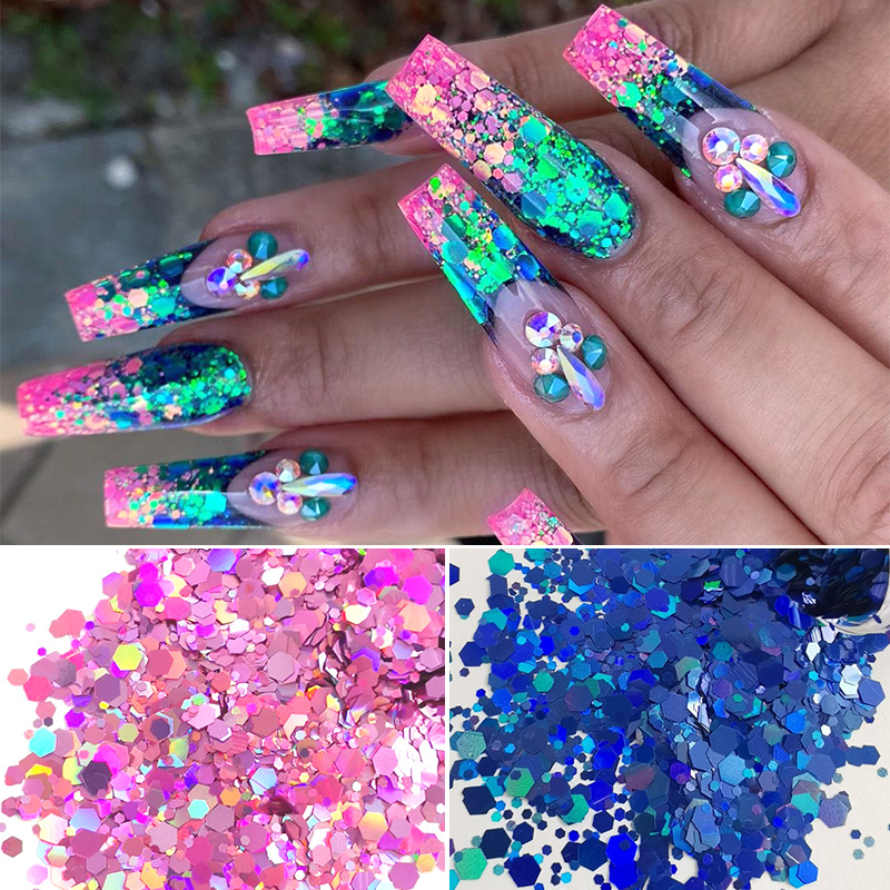 

Gold Sliver Nail Glitter Flakes Sparkly 3D Hexagon Colorful Sequins Spangles Polish Nails Art Decorations DIY Accessories