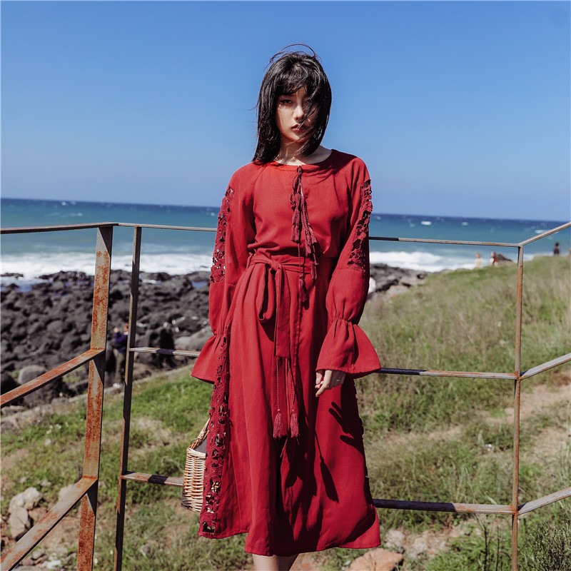 

Bohemian Vintage Embroidery Lace Hollow Out Women Dresses Luxury Red Wine O-neck Beach Holiday Loose Mid-Calf Girl Dresses, Xaq706