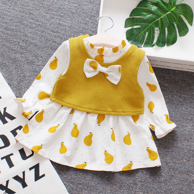 

Girls' dress 2020 spring new Korean baby's long-sleeved vest princess dress fake two pieces of children's clothing, Yellow