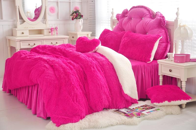 

41 Pink Shaggy Plush Duvet Cover Set Violet Faux Fur Bedding  Queen King Size Bedding Set with Blanket Cover Ruffle Bedskirt, Color 2