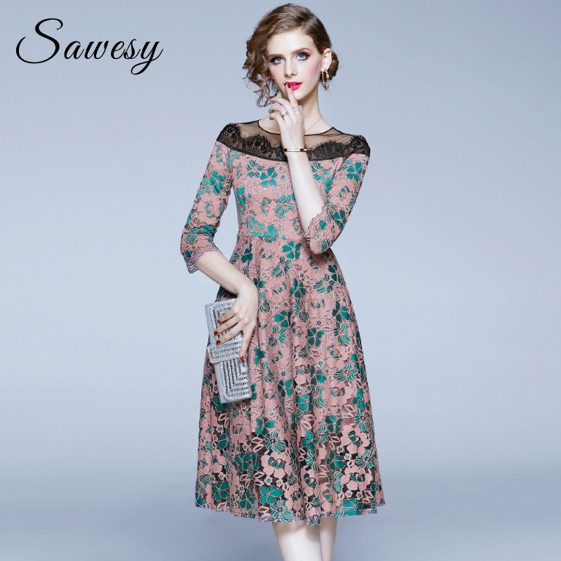 

Lace Patchwork Floral Elegant Dinner Dresses Women 2020 New Arrival Summer 3/4 Sleeve Casual Midi Dress European Style, Pink