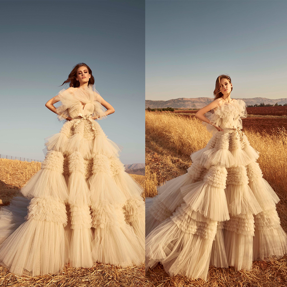 

Beautiful Zuhair Murad A Line Wedding Dresses Sweetheart Sleeveless Tulle Ruffles Wedding Gowns Sweep Train robe de mariée, Beige
