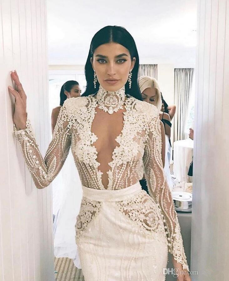 Gorgeous Arabic Dubai Mermaid Wedding Dresses 2020 High Neck Long Sleeve Lace V Neck Garden Bridal Gown Backless Court Train Vestidos