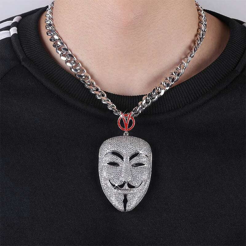 

hip hop V for Vendetta mask pendant necklaces for men women luxury diamonds mask pendants platinum plated copper zircon cuban chain necklace