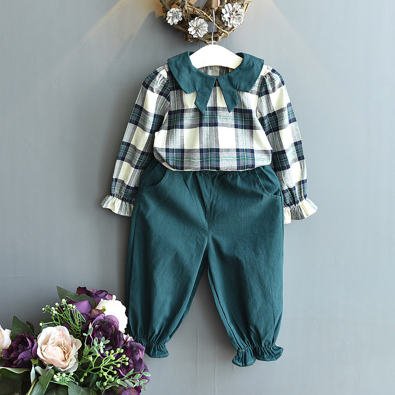 

2020 Spring Toddler Outfits Long Sleeve Lapels Casual Toddler Clothes Plaid Two-Piece Sets Girls Clothes Outfits, Crimson