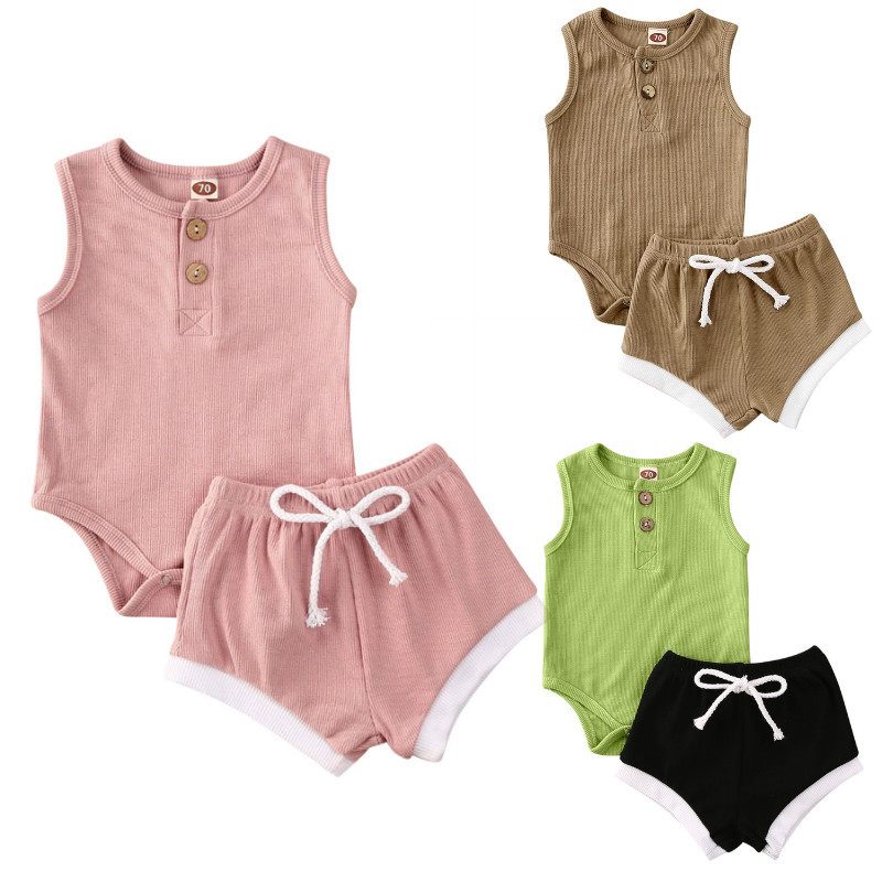 

Summer Toddler Baby Girls Boys Sleeveless Round Collar Romper Bodysuit + Shorts Cotton 2Pcs Baby Clothing Set, Green