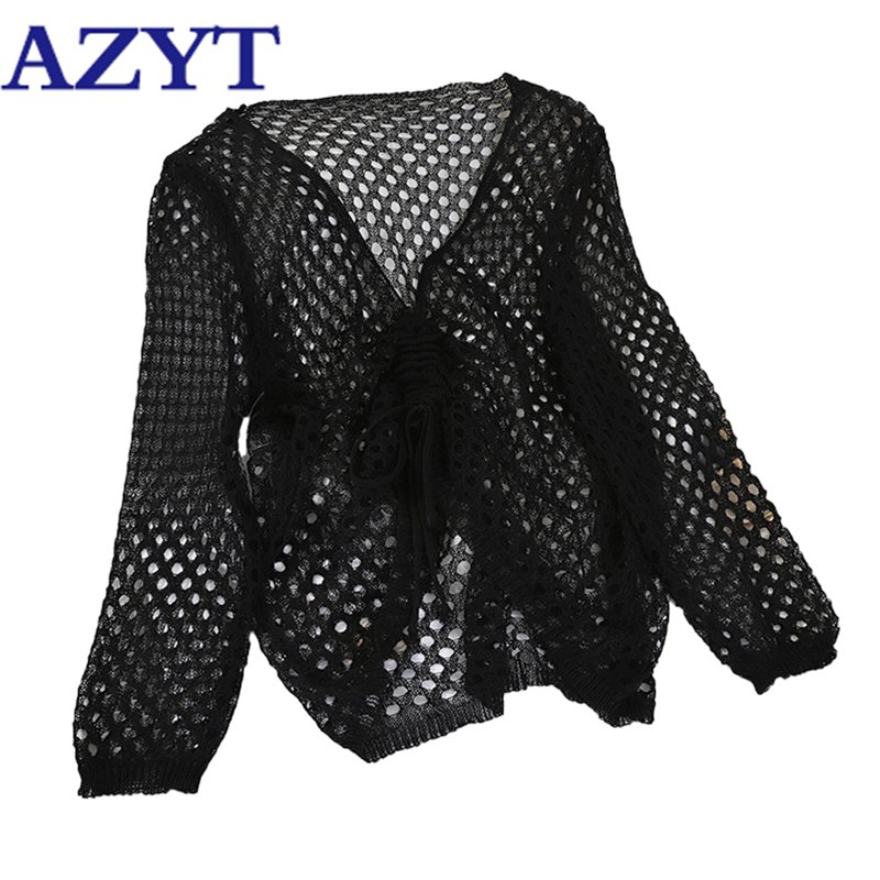 

AZYT New Hollow Out Summer Pullover Knitshirt 2020 Drawstring V Neck Thin Women's Sweater Jacket Sexy Slim Female Tops, Black