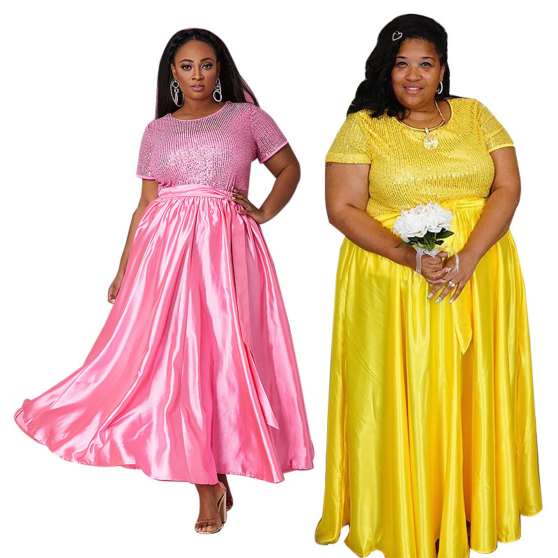 

2020 summer sexy african women o-neck short sleeve sequined plus size polyester long dress XL-5XL