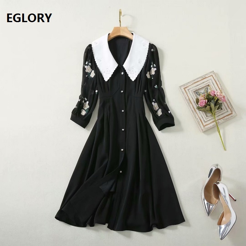 

Novia Party 2020 Summer Fashion Style Dress Women White Turn-down Collar Color Block Embroidery Knee-Length Black Button Dress, As pic