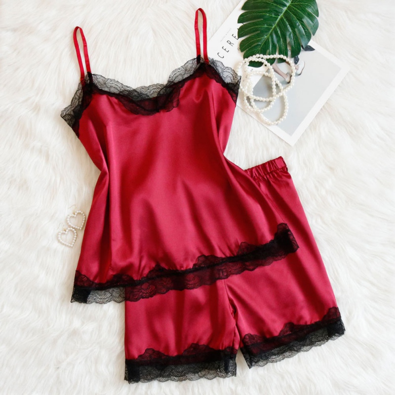 

Sexy Sleepwear Set Women Lace V-Neck Pyjamas Set Sleeveless Camis Tops and Shorts Sleepwear Sexy Satin Pajama A02