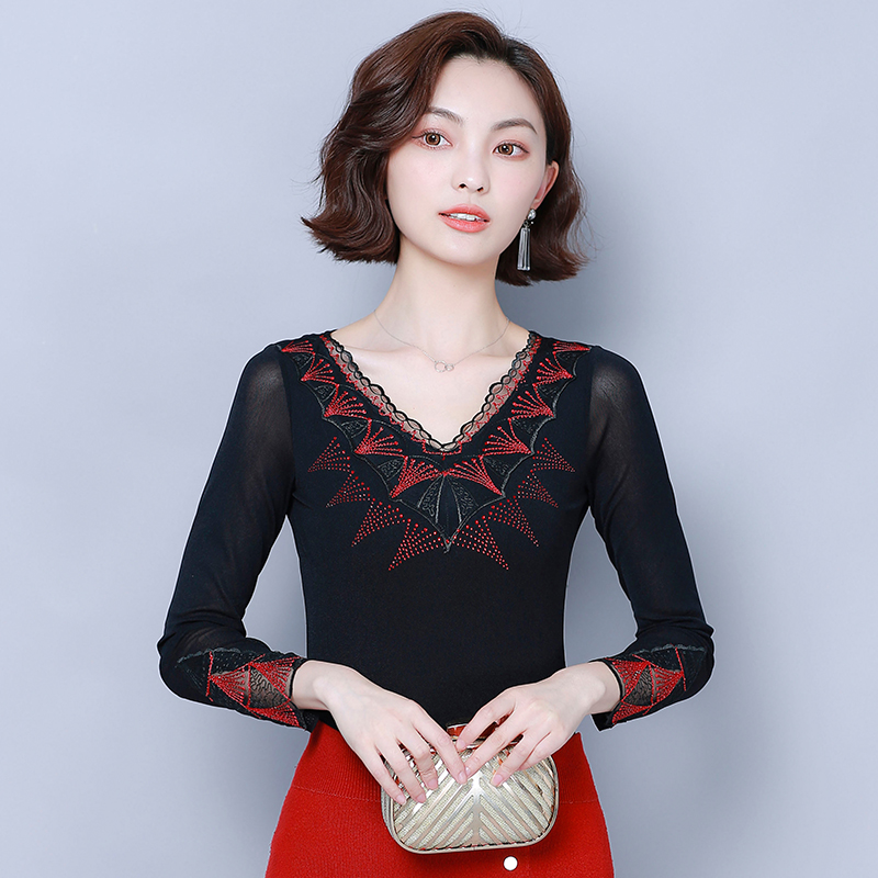 

Plus Size 2019 New Women Shirts Slim Embroidery Mesh Low Hot Drilling Blouse Shirt Red Gold 9937