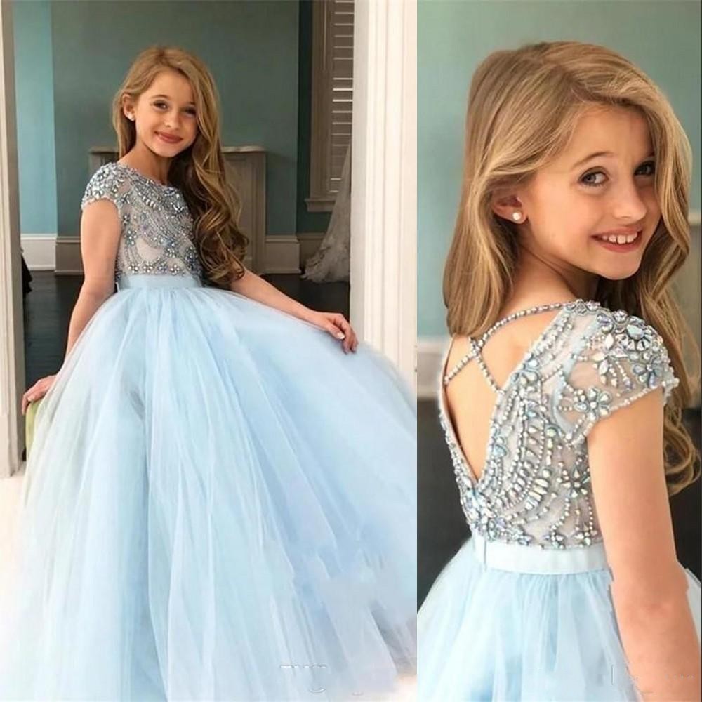 

New Lovely Light Sky Blue Flower Girls Dresses Illusion Jewel Neck Crystal Beaded Tulle Hollow Back Birthday Communion Girls Pageant Gowns, Green