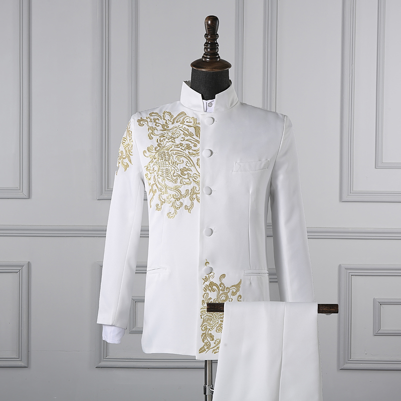 

Black White Men's Suits Chinese style Gold Embroidery Blazers Prom Host Stage Outfit Male Singer Teams Chorus Wedding Clothing
