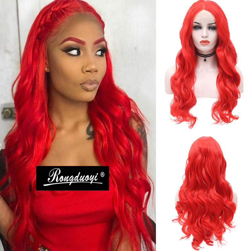 

RONGDUOYI Red Hair Middle Part Wigs Synthetic Lace Front Wig Long Body Wave Front Lace Wig Heat Resistant Hair Wigs for Women, As pic