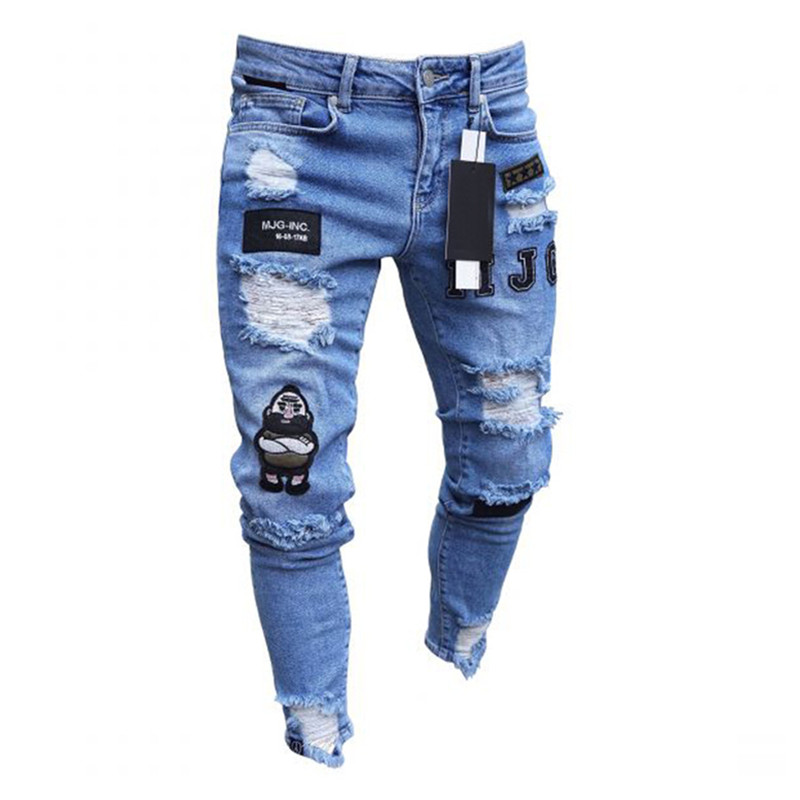 

Men Stretchy Ripped Skinny Biker Embroidery Print Jeans Destroyed Hole Taped Slim Fit Denim Scratched High Quality Jean -3XL, Black