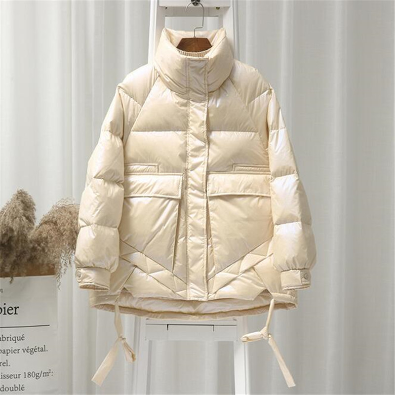 

Jacket 2020 Loose Puffer Women Clothes Winter short Coat Thick Warm Cotton Parka Korean Bright Metal Outwear, Beige