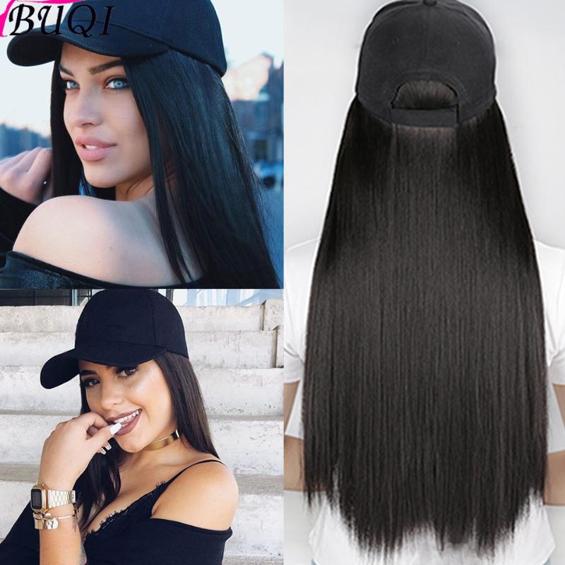 

BUQI Hair 24 inches long straight hair synthetic wig with hat black brown gold suitable for female high temperature, 2i33