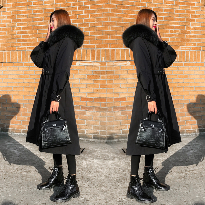 

Boutique down jacket female 2019 winter fur collar slim white duck down thicken coat warm solid color Plus size long Parker coat, Black