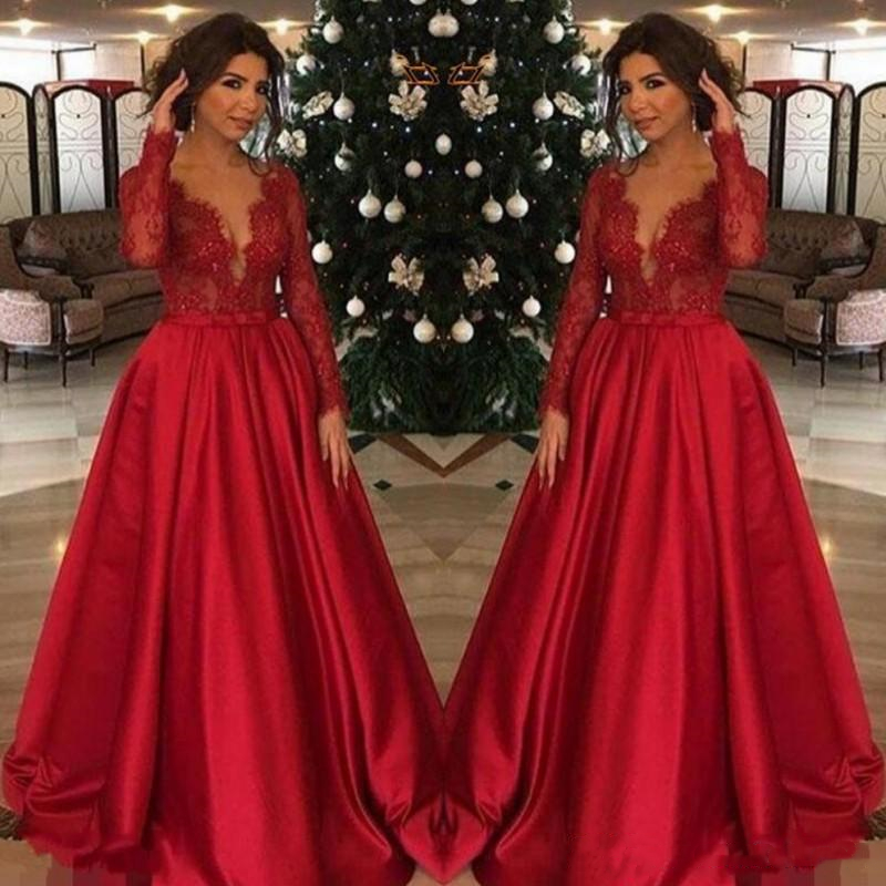 

Red Plus Size Mother Of The Bride Dresses Lace Top Long Sleeves For Weddings Women Party Formal Evening Gowns