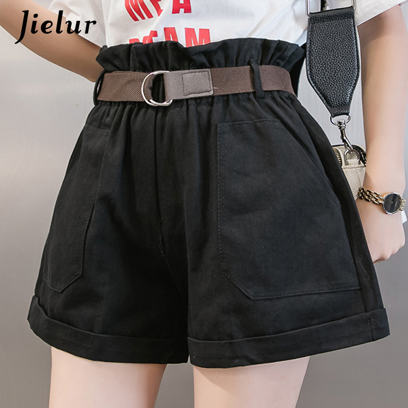 

Summer Wide Leg Shorts Streetwear Women Casual Loose Young Short Elastic Buds High Waist Solid Color Spodenki Damskie, Black