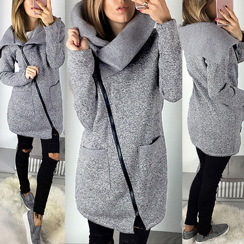 

Turn-down Collar Long Jacket Women Solid Slim Zipper Autumn Winter Pocket Coat Female Scarf Collar Outwear Plus Size, Gray