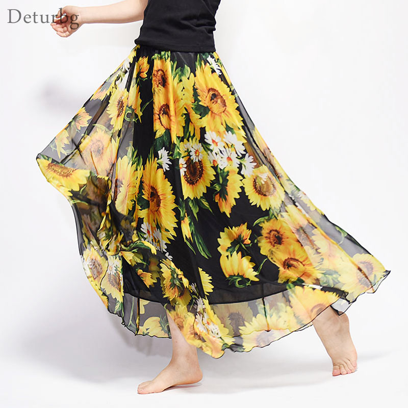 

New Fashion 2018 Women's BOHO Elegant Florals Print Chiffon Long Skirt Ladies Slim High-Waist Elastic Waist Pleated Skirts SK15, Sk15 14