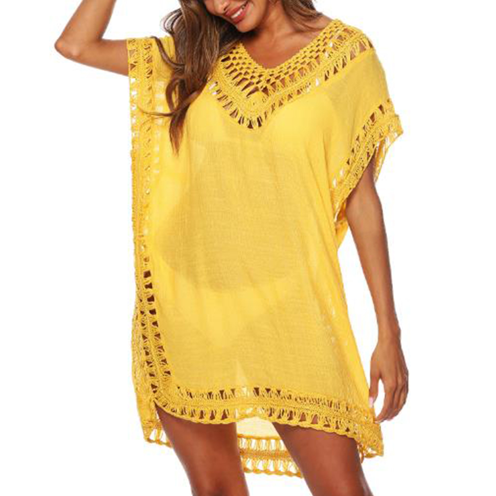 

Women Blouse Pierced Edge Holiday Bikini Cover Up Sexy Sunscreen Solid Fashion V Neck Short Sleeve Bathing Beach Wear Loose Swim