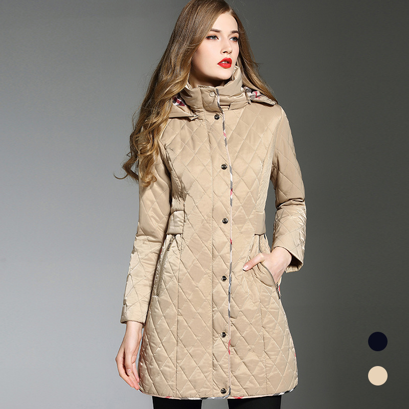 

Fashion-Free shipping trench coat Winter new warm thick large size diamond shape blue hooded long trench coat for women, Khaki