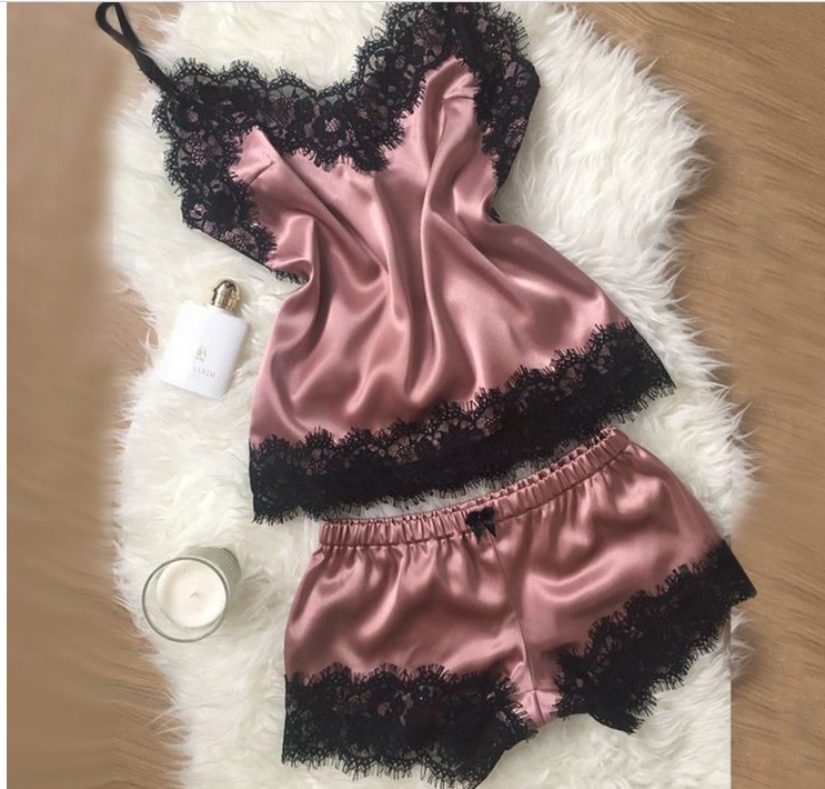 

2Pcs Women Pajamas For Summer Shorts Sets Sleepwear Satin Pajama Cami Top + Shorts Pajamas Spaghetti Strap Lace Sexy Pajama Set