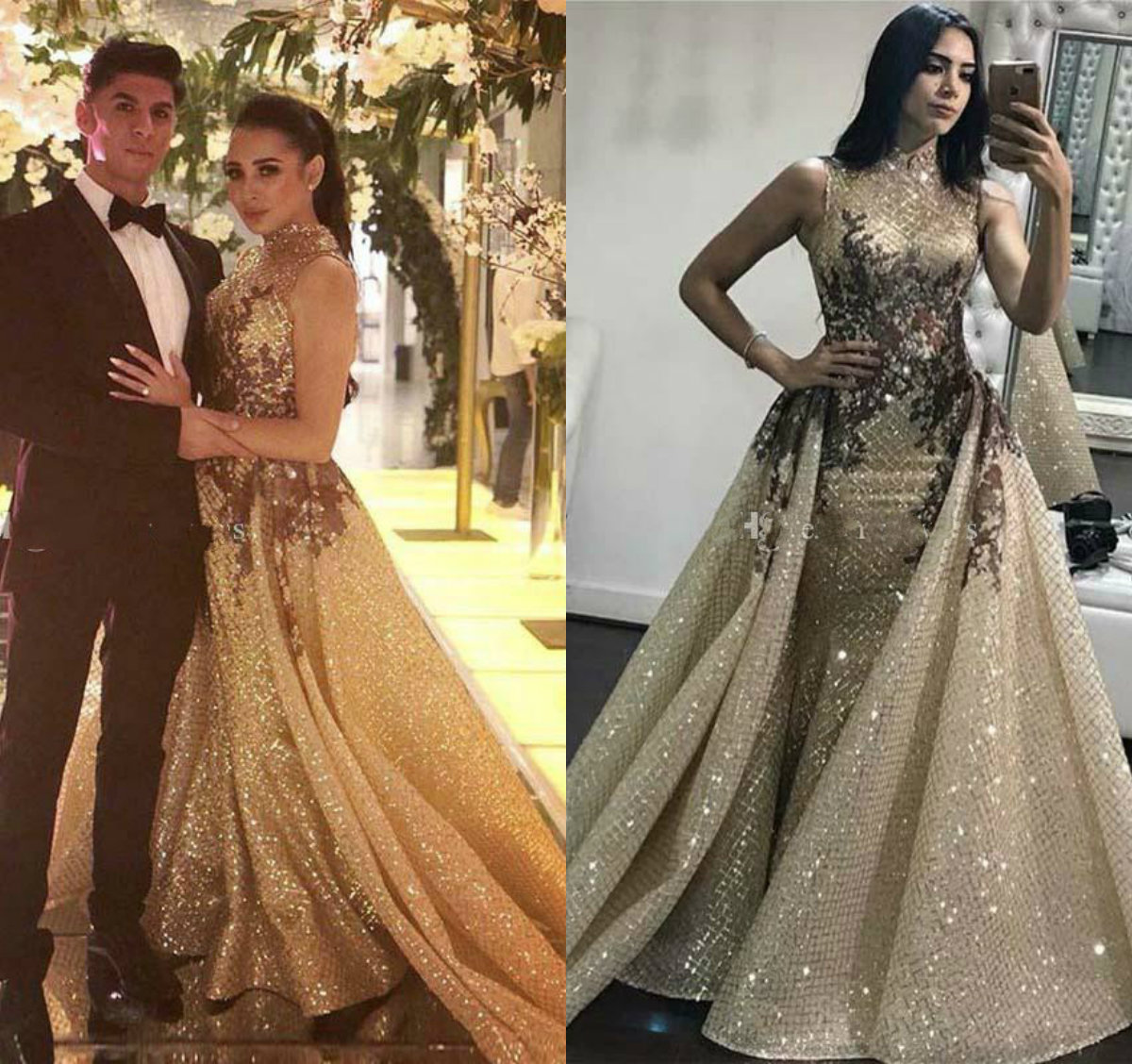 

Glamorous Sequined Mermaid Evening Dresses with Detachable Train High Neck Abric Dubai Evening Gowns Glitter Fabric Celebrity Dress Party, Pink