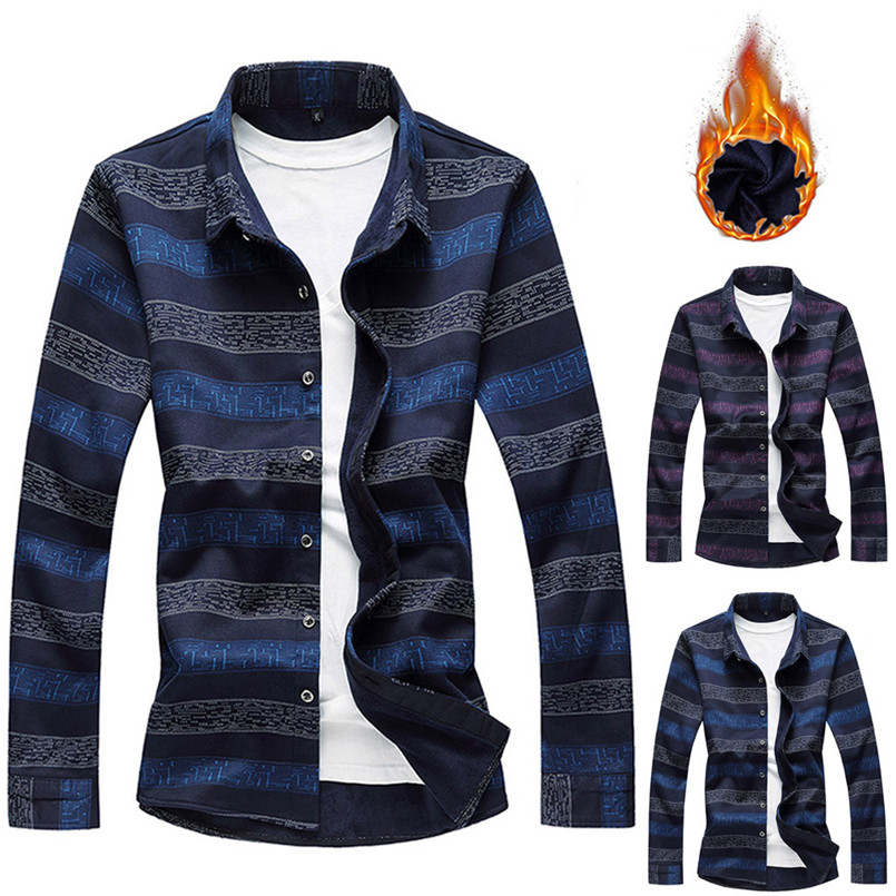 

Winter Fashion Men's Casual Print Loose Long-sleeved Warm Plus Velvet Shirt Top Stylish Clothes in apparel for men #4n15, Blue