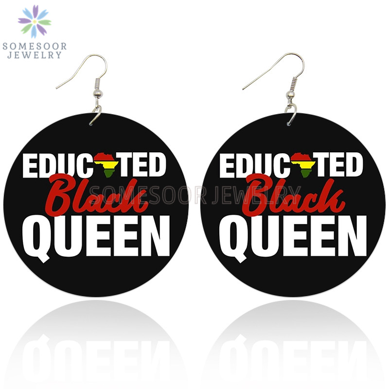 

SOMESOOR Afro Eductaed Black Queen Wooden African Earrings 6CM Flat Round Personalized Printed Wood Ear Jewelry For Women Gifts