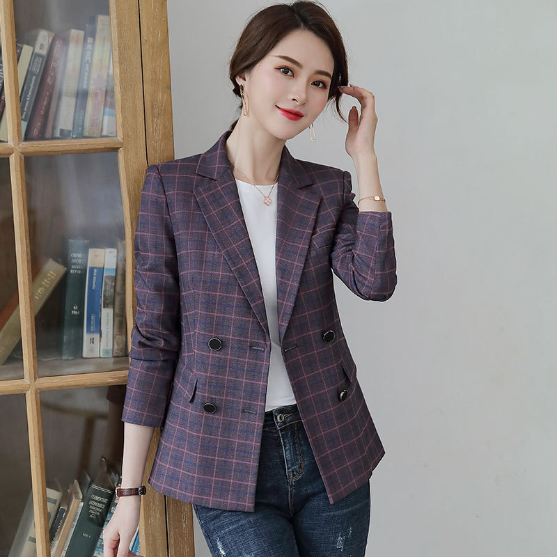 

Plus Size 5XL Korean Style Women Slim Plaid Blazer Suits Ladies Professional Double Breasted Office Work Business Suits Coats, Gray