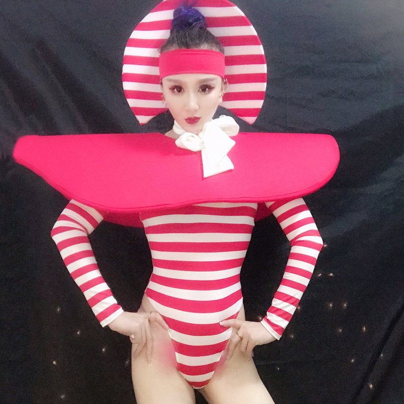 

American Female Gogo DS DJ Jumpsuit Clown Cosplay Costume Exaggerated Theme Show Performance Dress Stripe Headdress Outfit 1986, As picture show