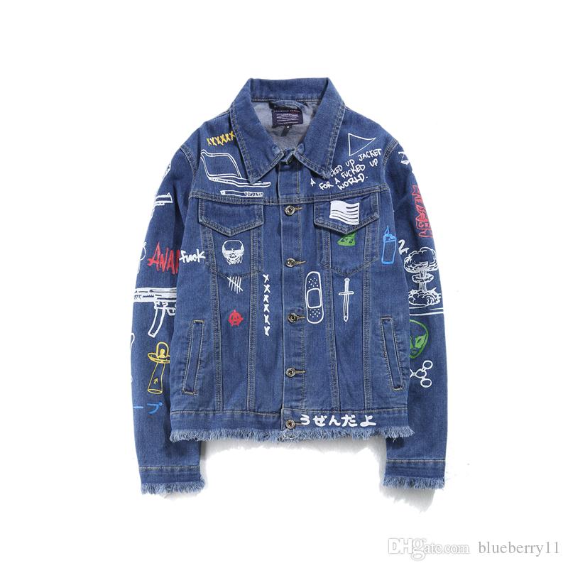 

Graffiti Hand Painted Women Men Denim Jackets Mens 2017 Harajuku Printed Jeans Coat Hip Hop Casual Denim Jacket Coats Black Blue M-2XL, Black;brown