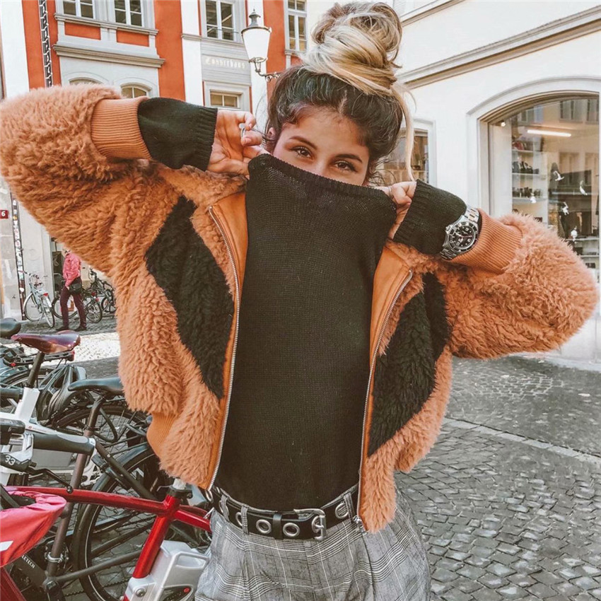

Elegant spliced Teddy Jacket Women Front Pockets Thick Warm Coat Autumn Winter Soft Short Jackets Female 2019, Khaki