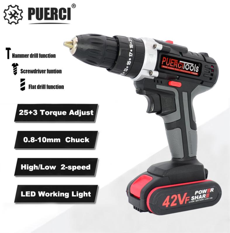 

PUERCI 16.8V 21V Cordless Drill Electric Screwdriver Mini Wireless Power Driver DC Lithium-Ion Battery 3/8-In Electric Tools