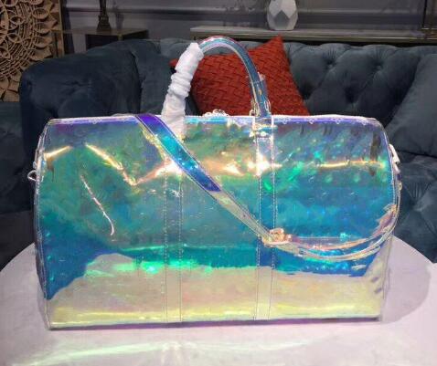 

Classic Laser Flash PVC Handbags 50cm Transparent Duffle Bag Brilliant Colour Luggage Travel Bag Crossbody Shoulder Handbag, As picture