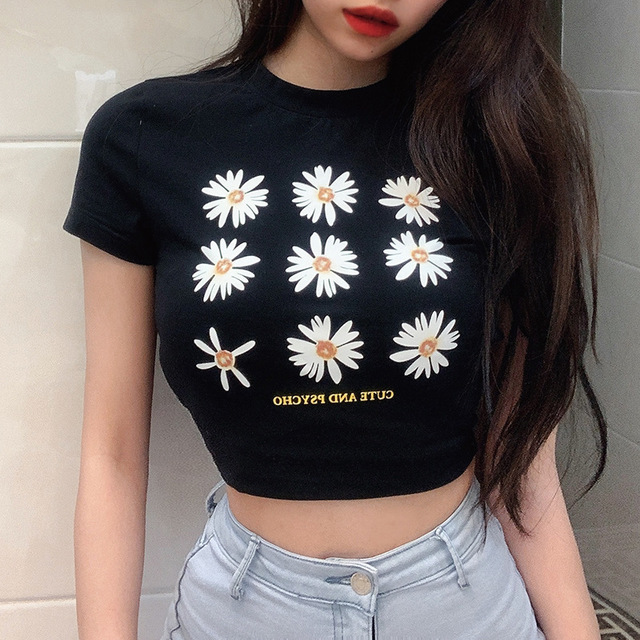 Lady Crop Top Avec Impression À Manches Courtes Femmes Sexy Casual Slim Gilet Débardeurs Blouse Clubwear Tee Tshirt