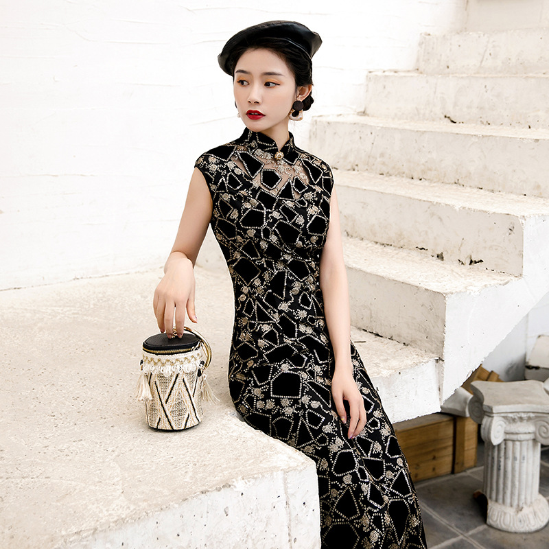 

Lace Sequins Chinese Style Lady Cheongsam Long Tight Elegant Dress Big Size 4XL Vestidos Vintage Black Stage Show Qipao