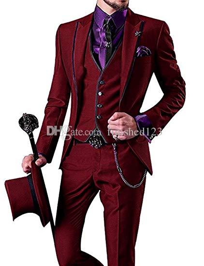 

Very Good One Button Burgundy Groom Tuxedos Peak Lapel Men Suits 3 pieces Wedding/Prom/Dinner Blazer (Jacket+Pants+Vest+Tie) W535, Same as image