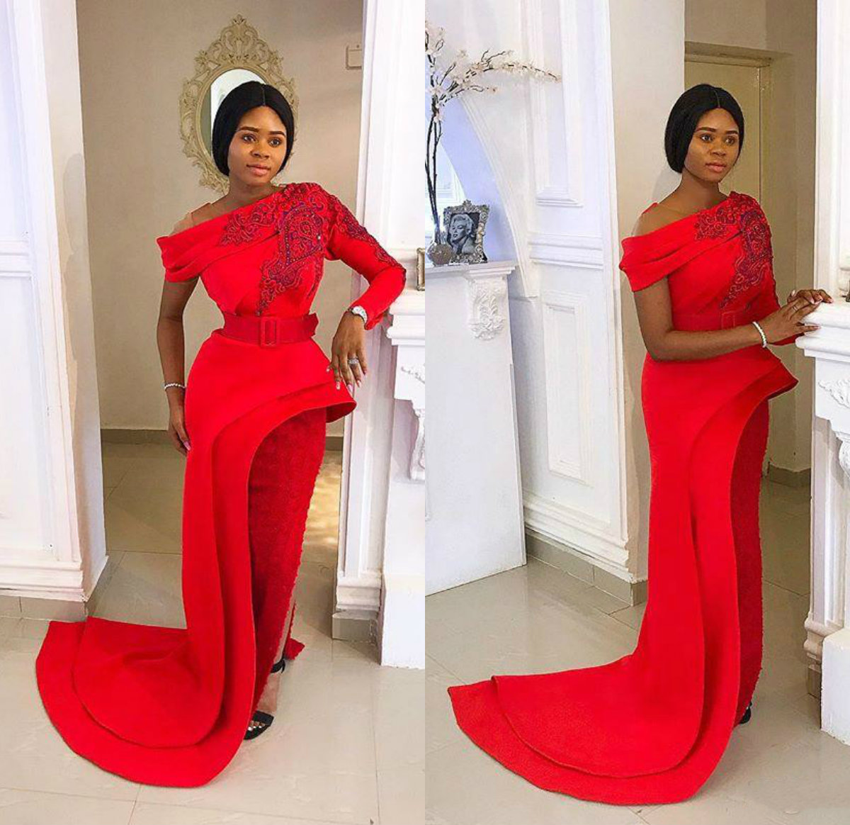 

2020 Vintage Red Long Sleeves Split Side Evening Dresses One Shoulder Sheath Lace Applique Runway Party Dress, Light sky blue