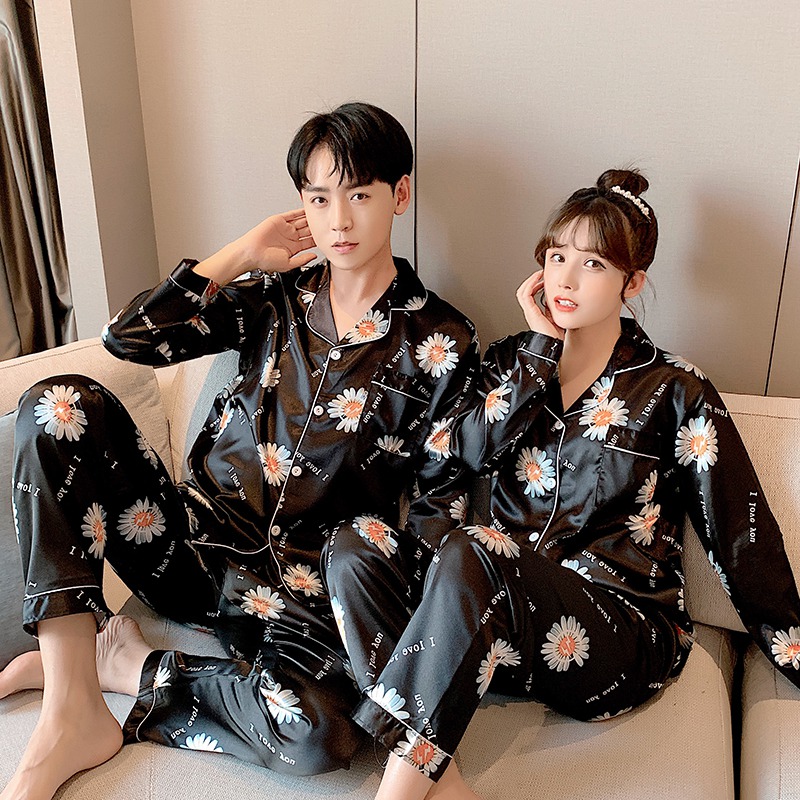 

Couple Silk Satin Long Sleeve Pajama Sets Women Summer Autumn Sleepwear Pyjama Men Loungewear Homewear Pijama Mujer Home Clothes, 4907w