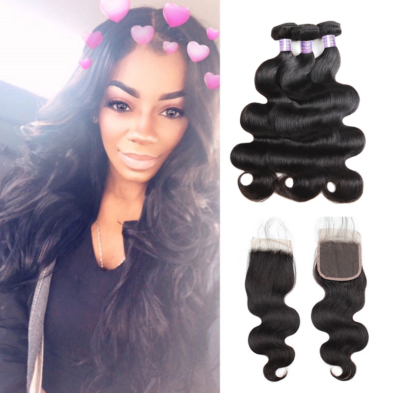

Allove Wholesale Body Wave Wefts 8A Brazilian Hair Bundles with Closure 3pcs Malaysian Virgin Peruvian Indian Extensions for Women All Ages Jet Black, Natural color