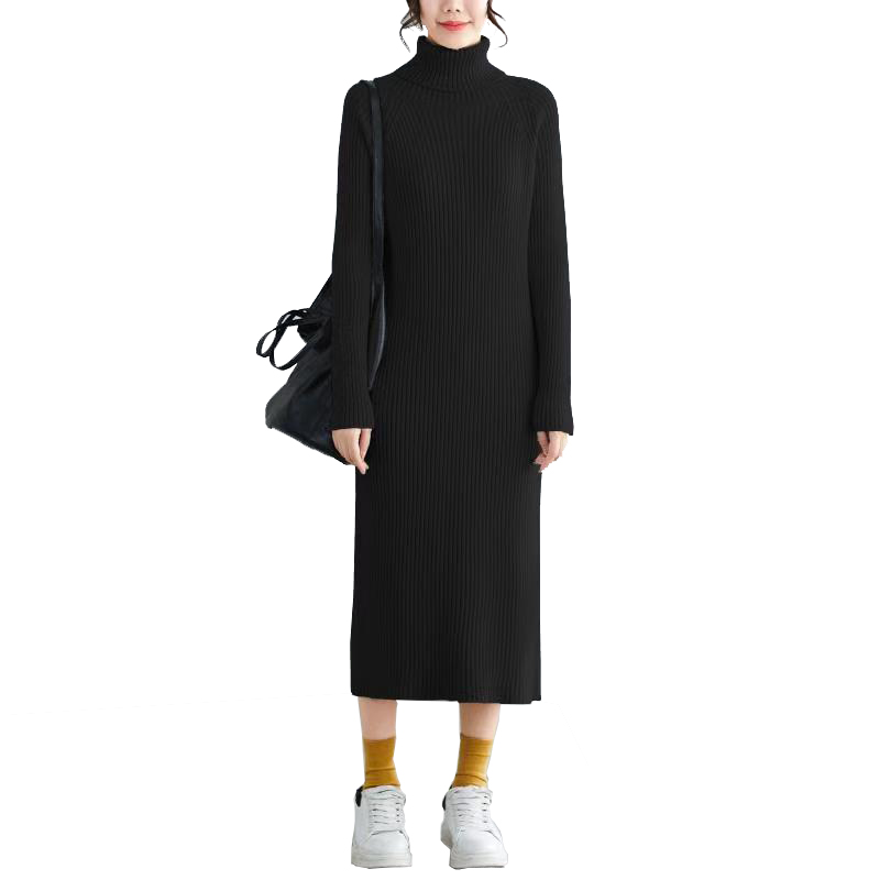

Autumn Winter Turtleneck Knitted Sweater Long Dress Women Solid loose High Neck Long Pullover Dresses, Dark gray